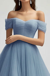 Schulterfreies Graublaues Langes Ballkleid aus Tüll in A-Linie